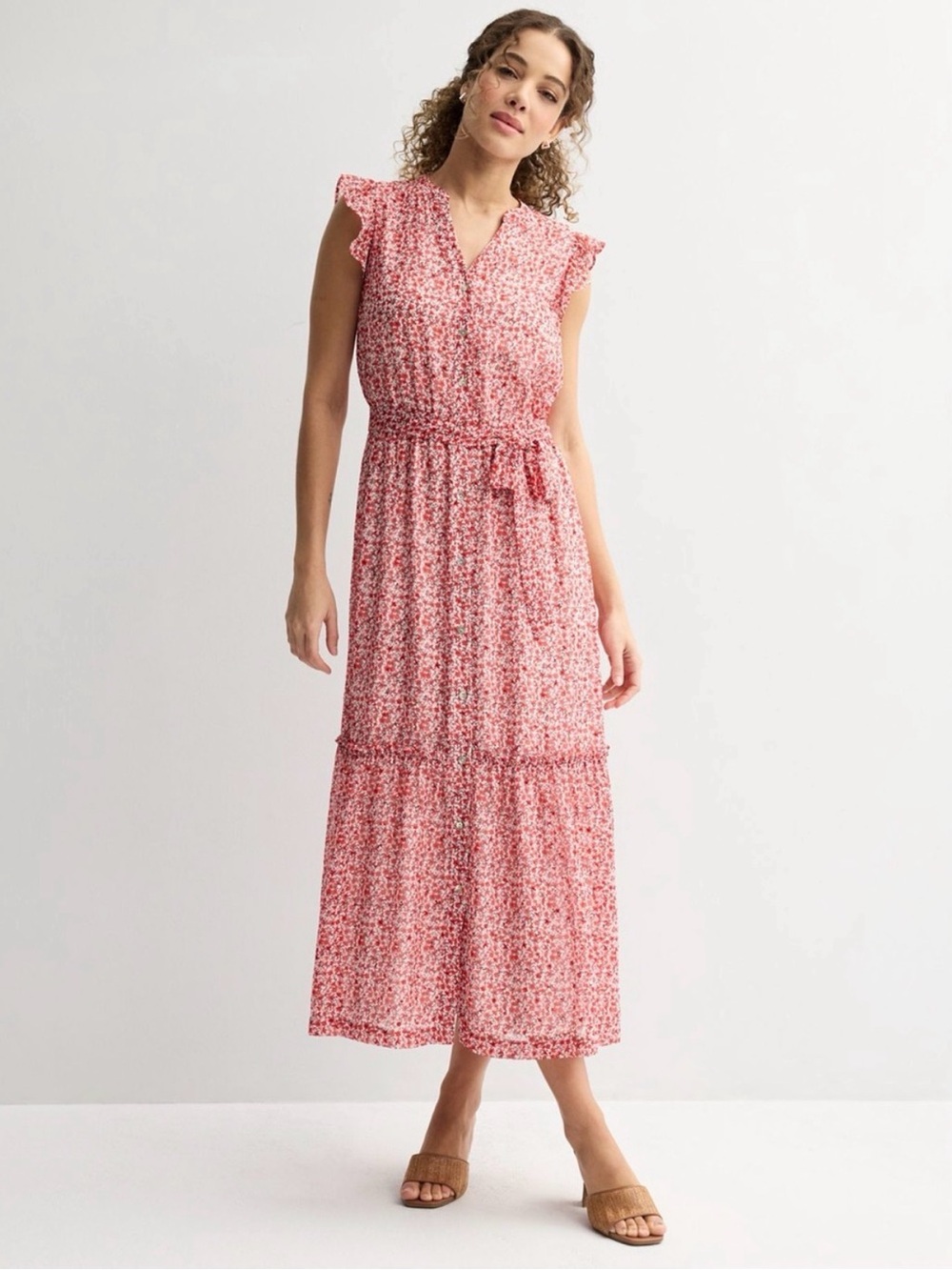 Draper James Flutter Sleeve Floral Buttoned Front Red White Maxi Dress Size L